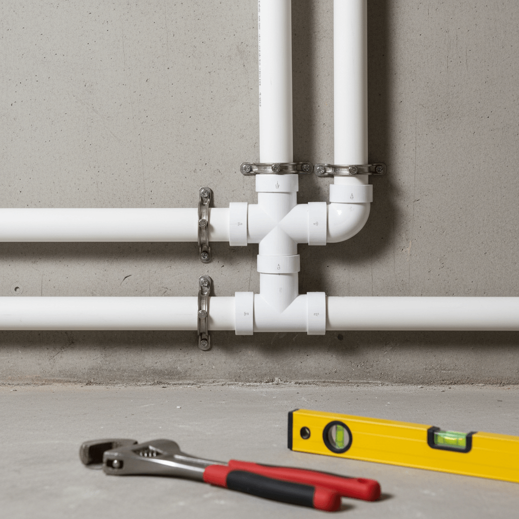 Sauber montierte Abwasserrohre mit Werkzeug im aufger&auml;umten Kellerbereich