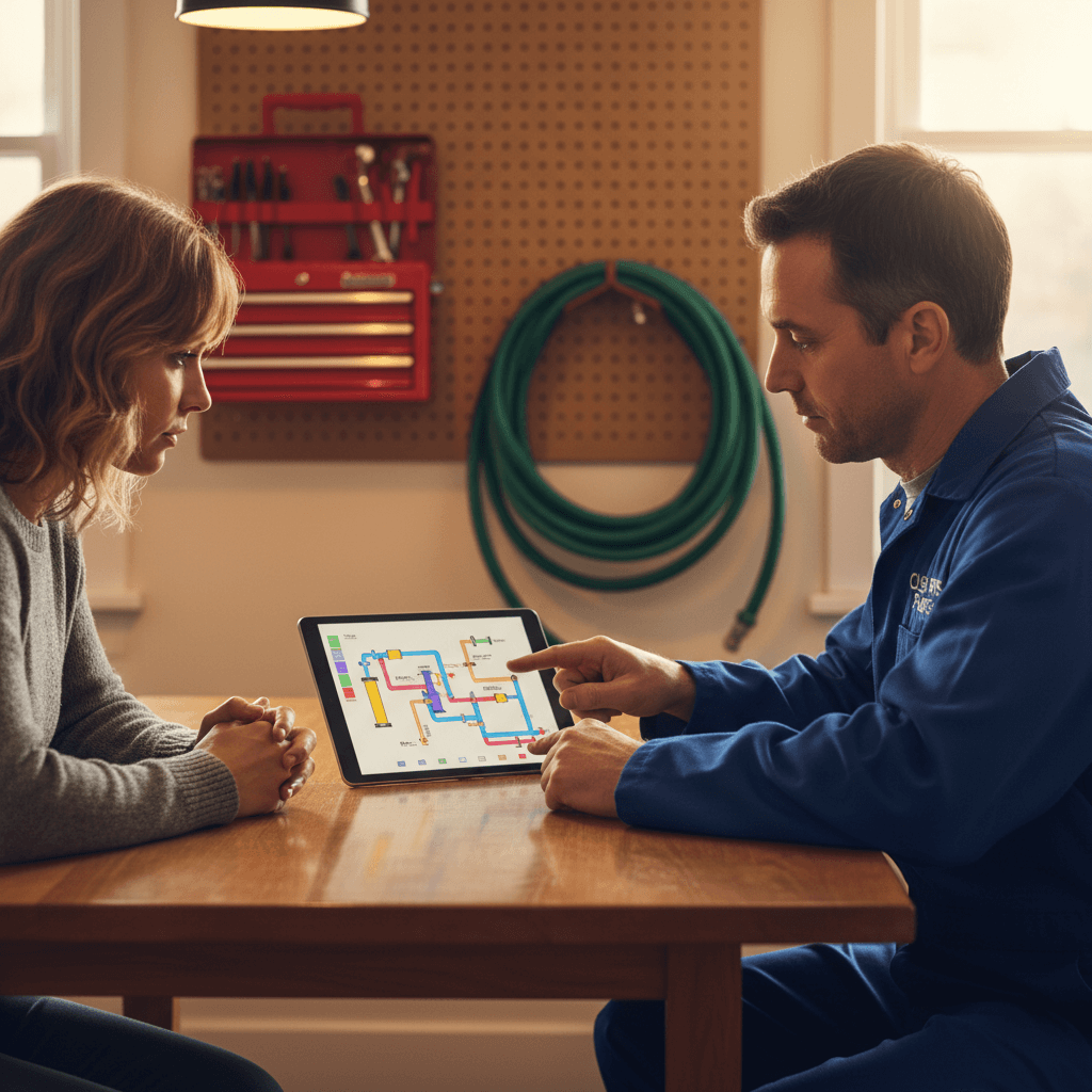 Fachmann erkl&auml;rt Kundin die geplante Rohrreinigung auf einem Tablet